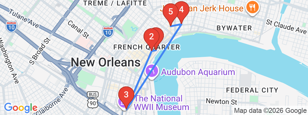 Map of the example New Orleans day, with the stops pinned in order